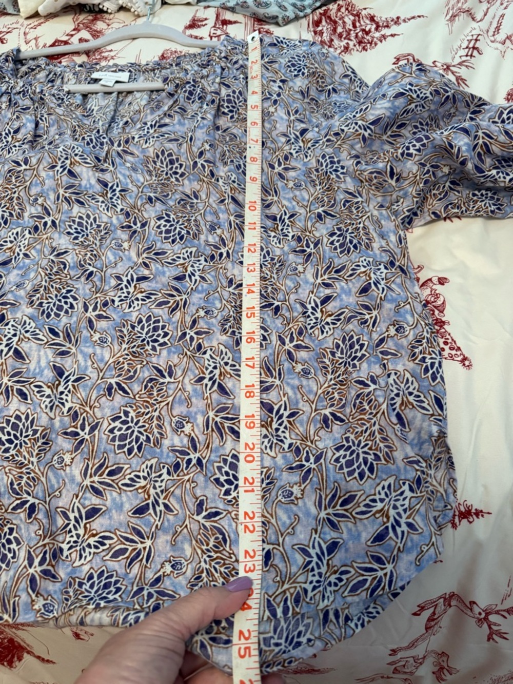 J. Jill Love Linen Lightweight Floral Peasant Top- Blue & Brown, XL - Picture 7 of 8